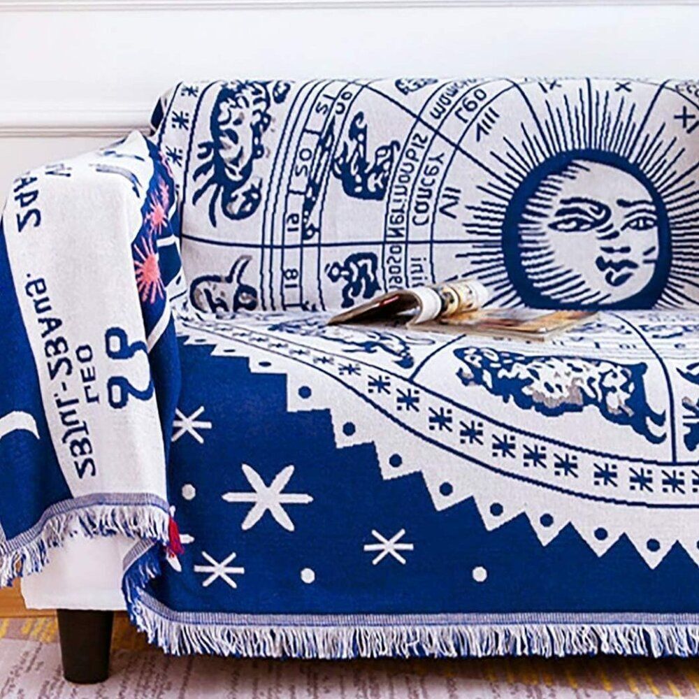 Cotton Throw Blanket Woven Reversible Zodiac Tapestry Celestial Blue
